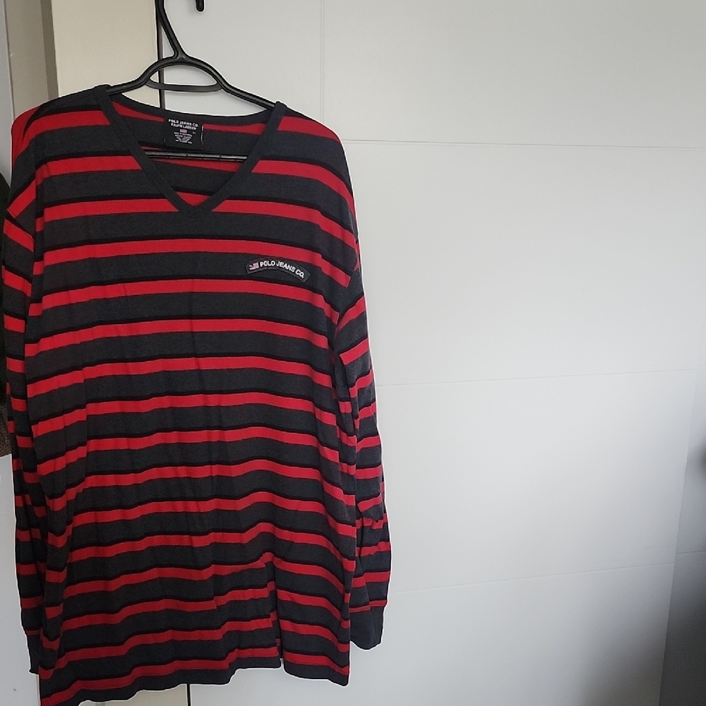Polo Jeans By Ralph Lauren Size XL Red Gray and Black Striped V-Neck Shirt